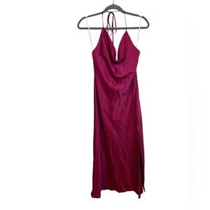 NWT Wayf Magenta Halter Drape Neck Satin Midi Dress